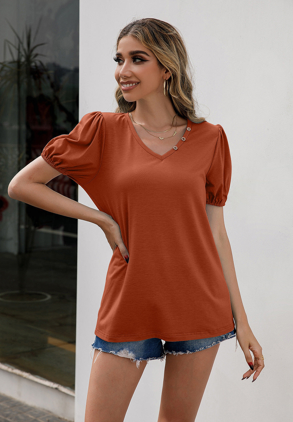 Ivy Lane V-Neck Decorative Buttons Puff Sleeve Tee