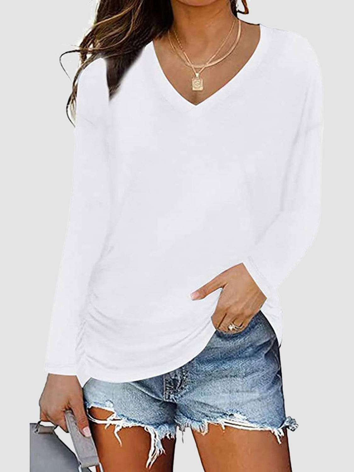 Ruched V-Neck Long Sleeve T-Shirt