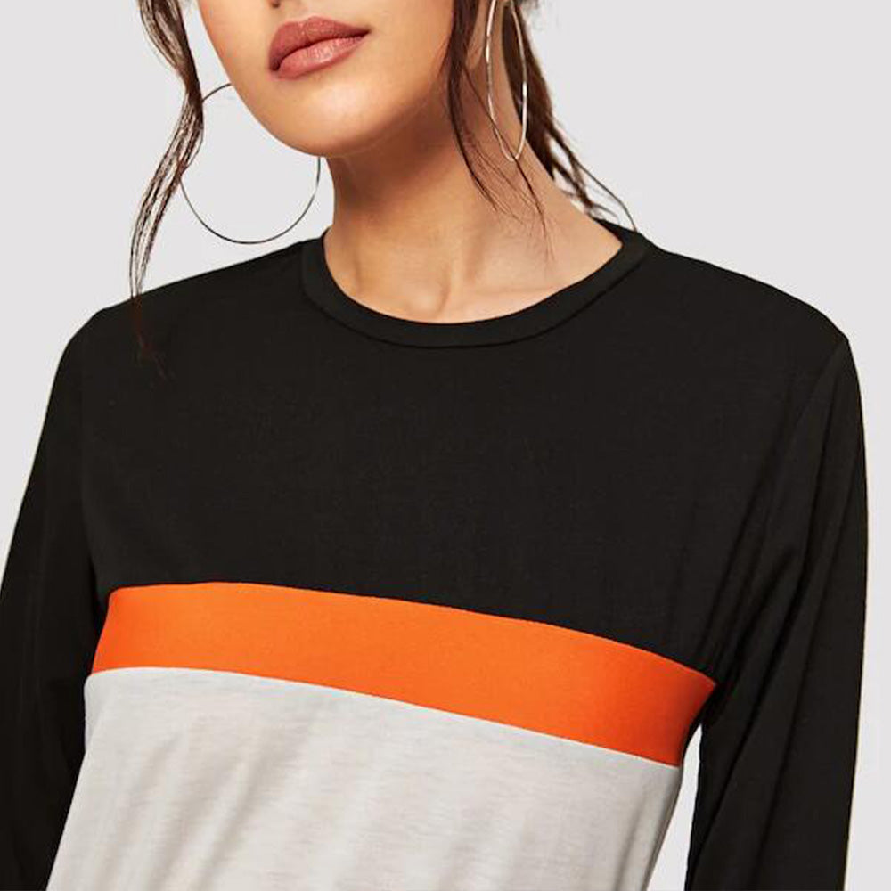 Shiny Color Block Round Neck Long Sleeve Tee