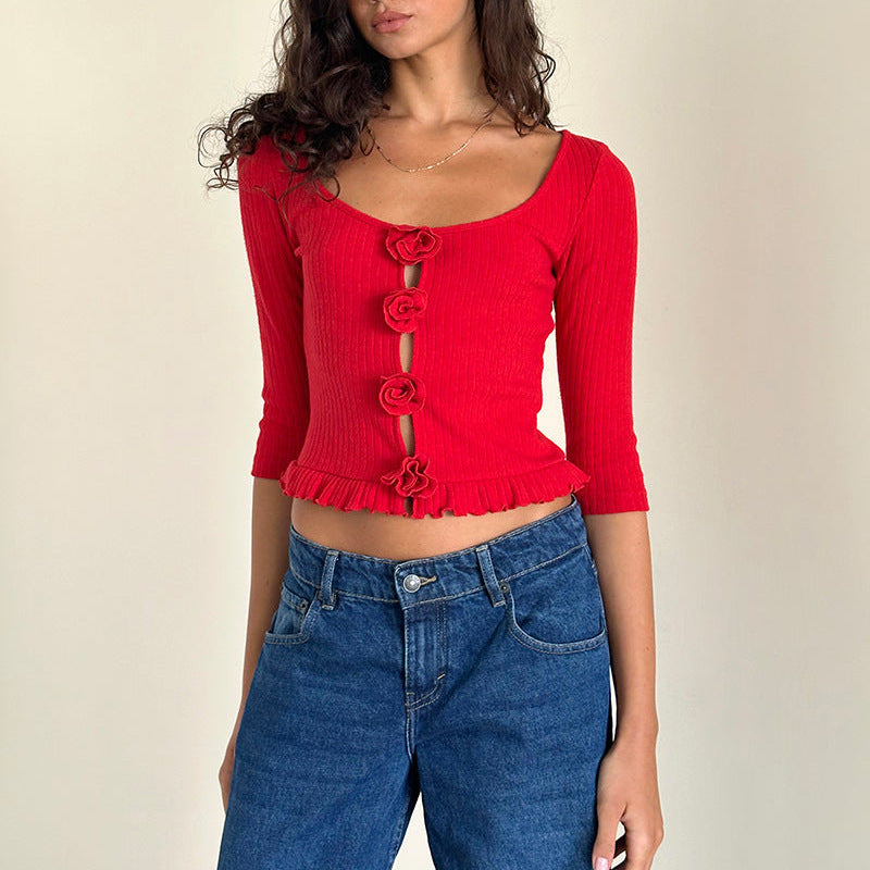 Three-quarter Sleeve Rose 3D Flower Wooden Ear Short Midriff-baring Top