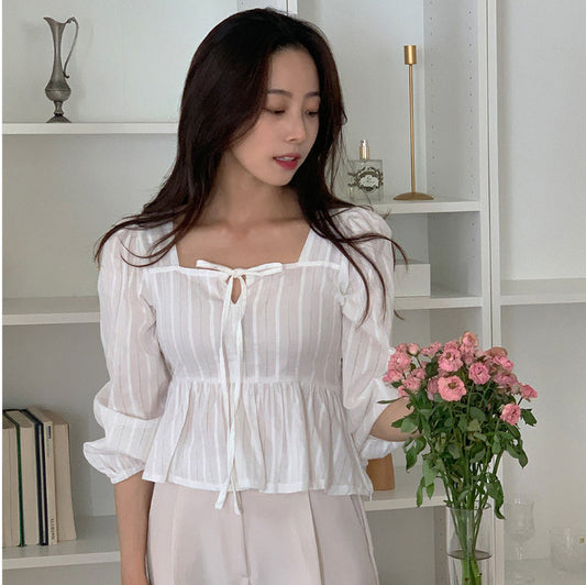 Sweet Tie-neck Square-neck Cinched Slimming Jacquard Short Long Sleeve Shirt