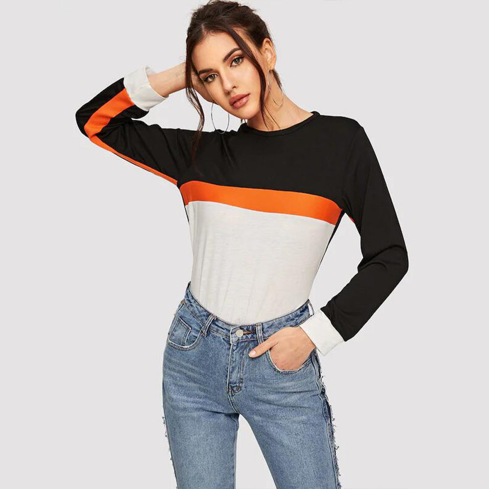 Shiny Color Block Round Neck Long Sleeve Tee