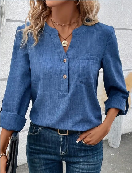 V-Neck  Blouse With Pockets,Elegant And Classic Design,Machine Washable And Dryable,Suitable For Spring,Summer,And Fall