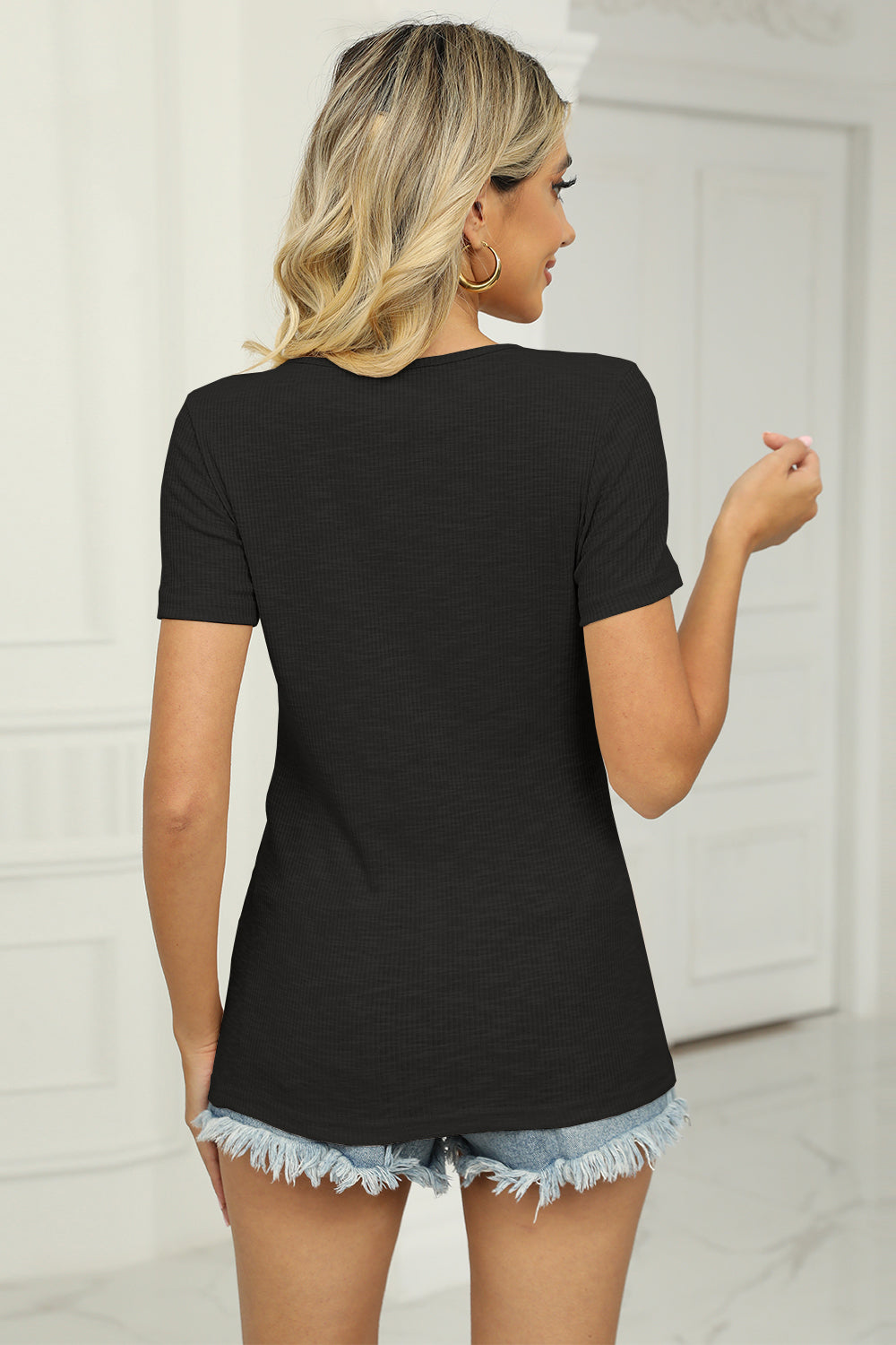 Twisted V-Neck Ribbed T-Shirt