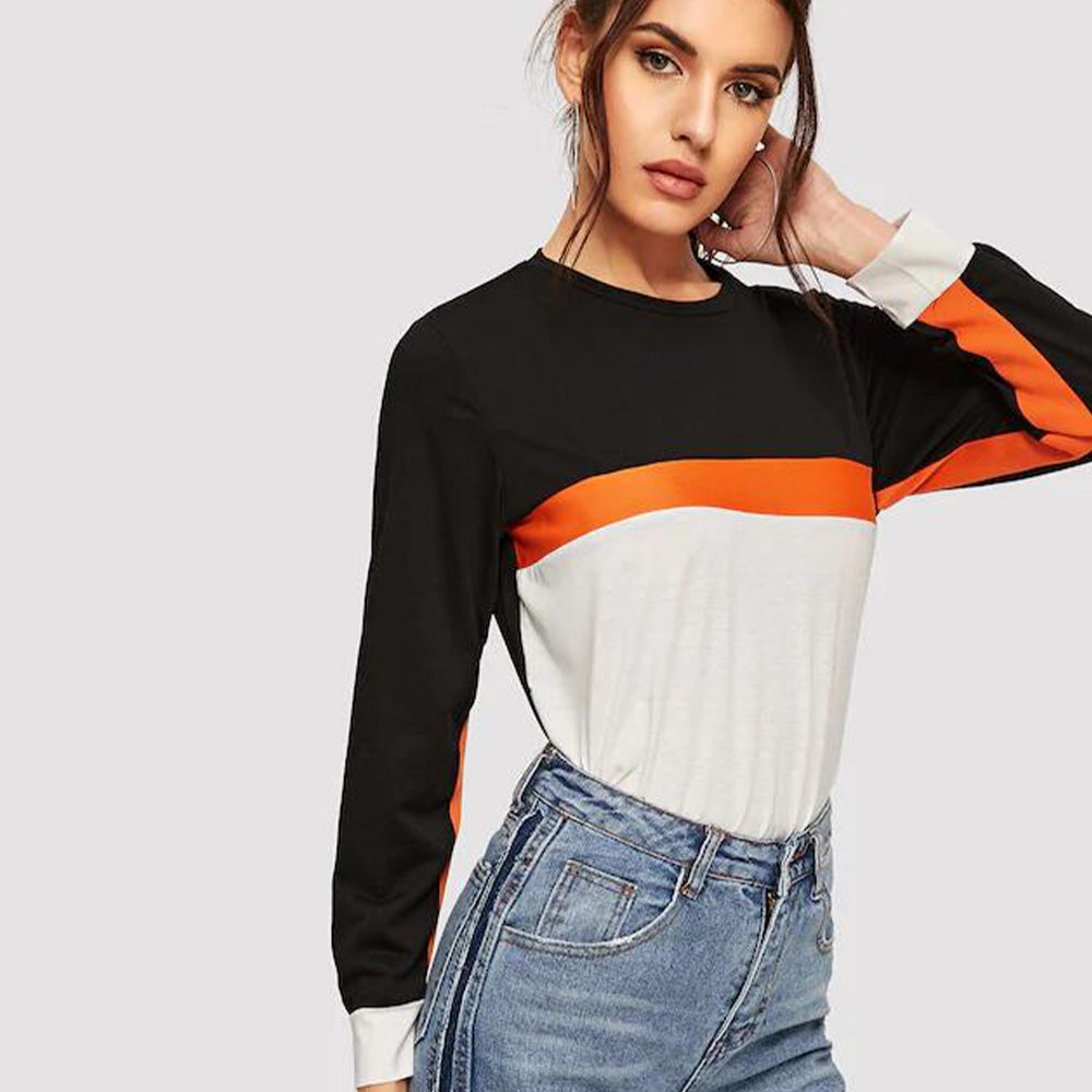 Shiny Color Block Round Neck Long Sleeve Tee