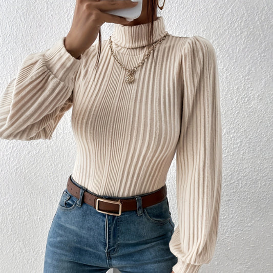 Autumn New Brushed Sunken Stripe Turtleneck Long Sleeve T-shirt