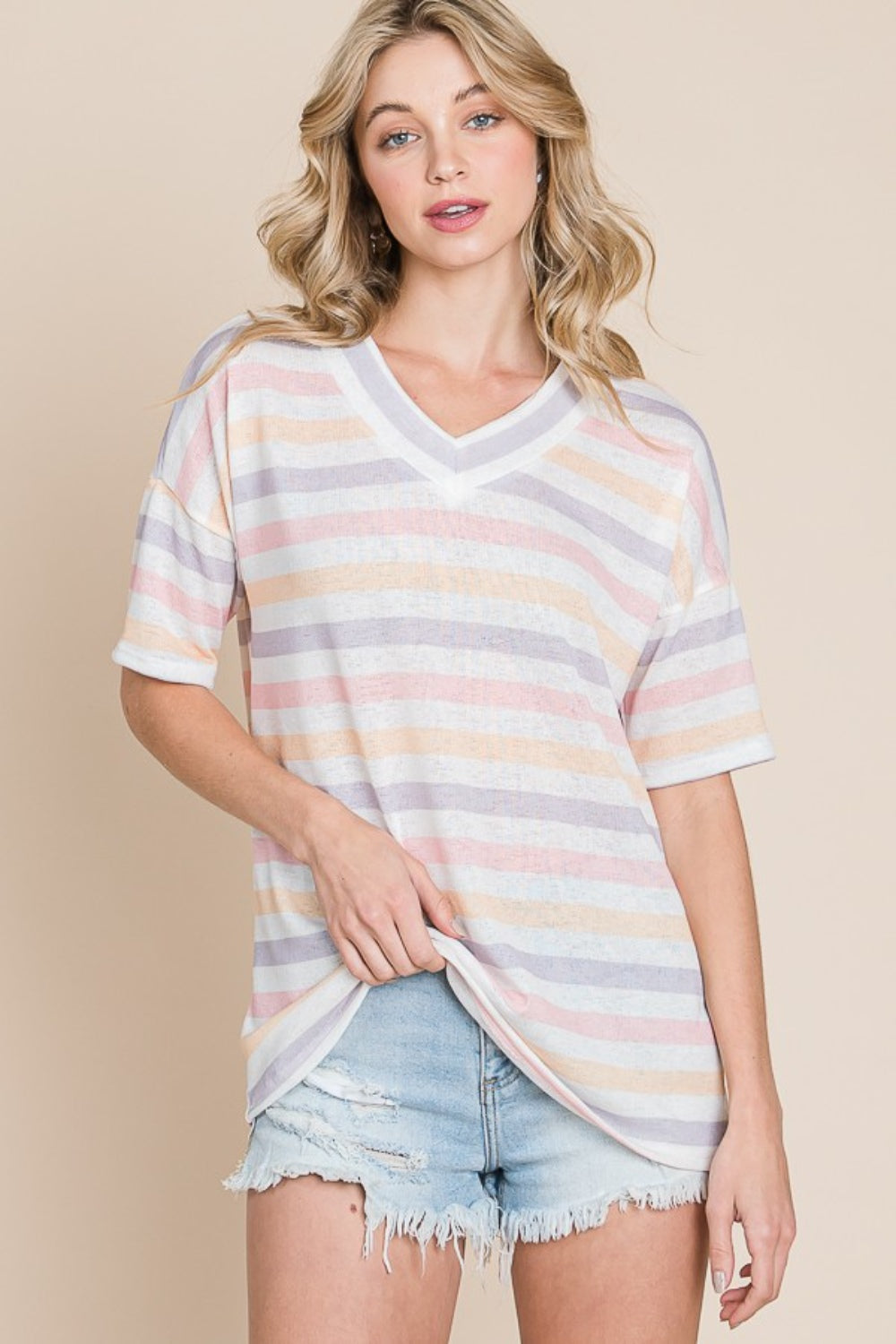 BOMBOM Striped V-Neck Short Sleeve T-Shirt