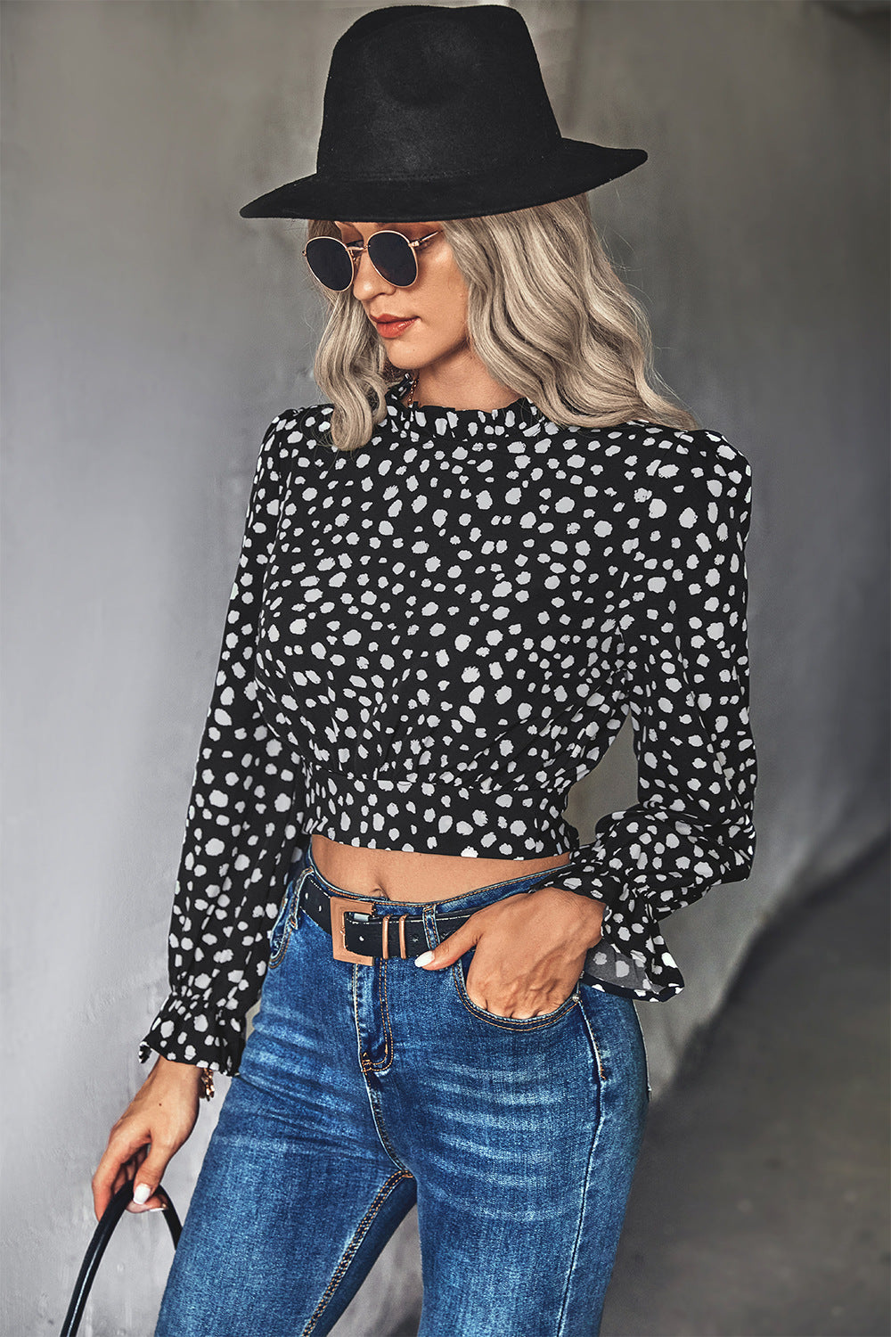 Animal Print Tie-Back Cropped Blouse