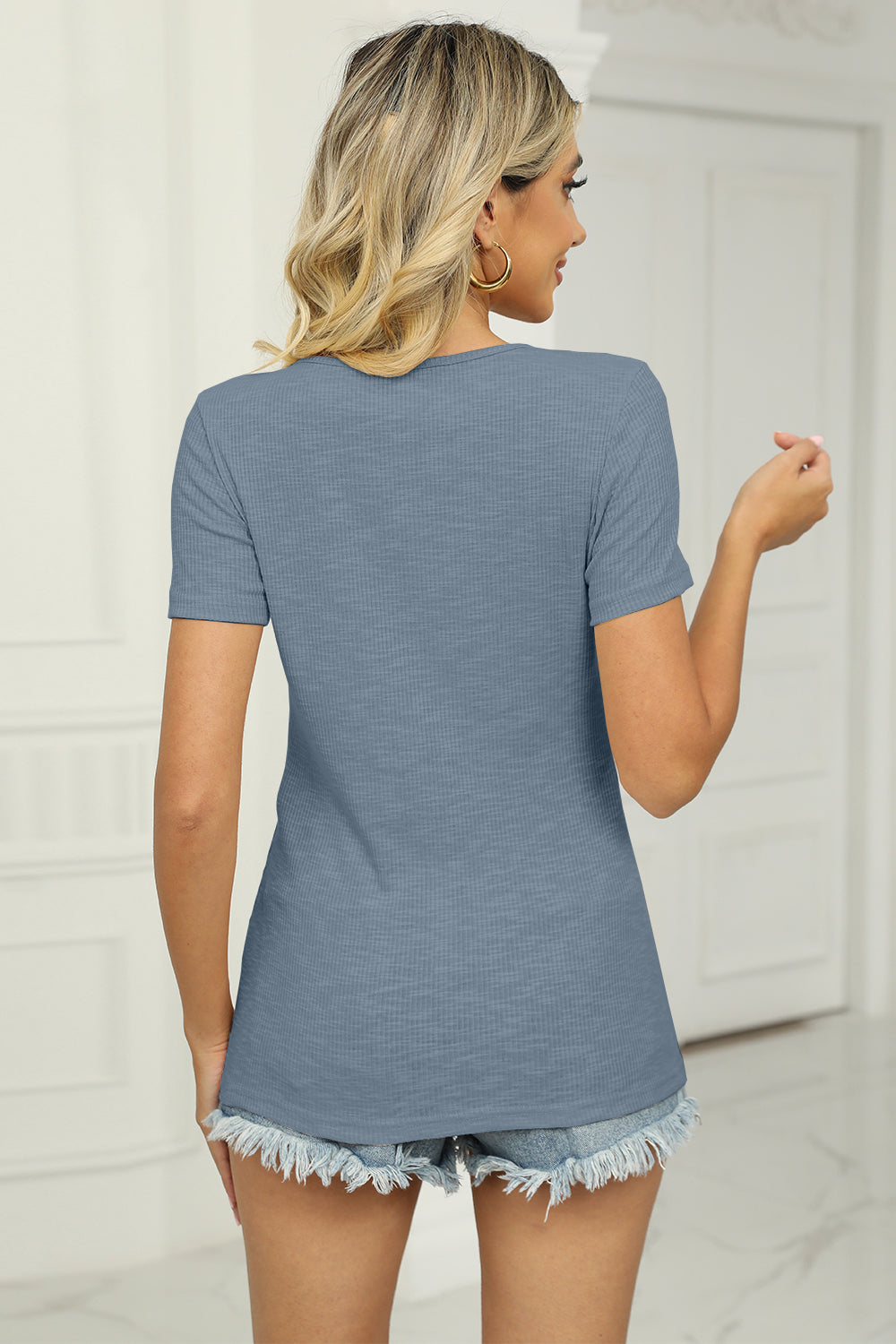 Twisted V-Neck Ribbed T-Shirt