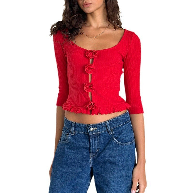 Three-quarter Sleeve Rose 3D Flower Wooden Ear Short Midriff-baring Top