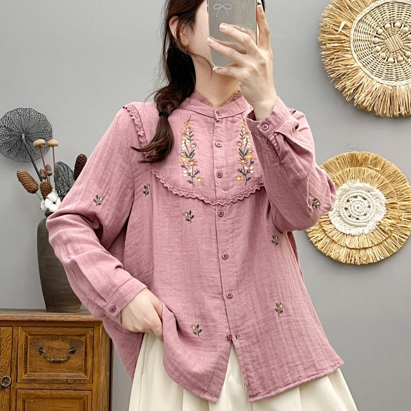 2830 Collar Embroidered Lace Cotton Yarn Long Sleeve Shirt