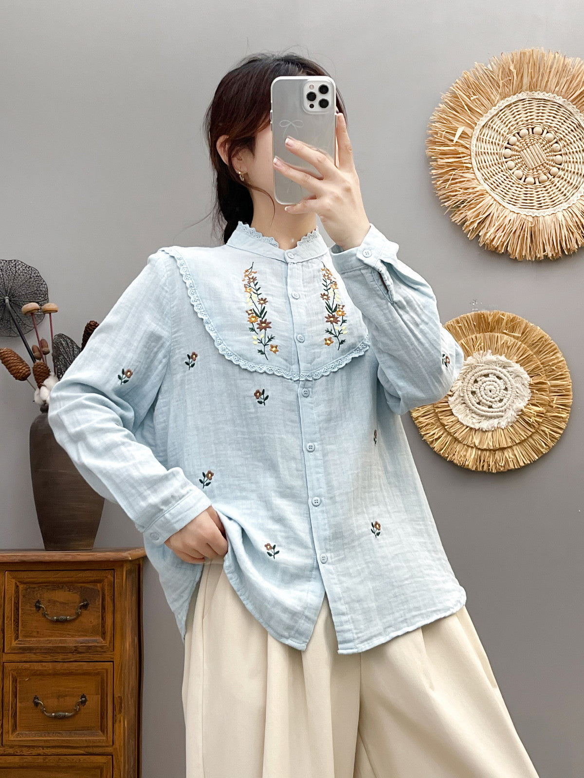 2830 Collar Embroidered Lace Cotton Yarn Long Sleeve Shirt