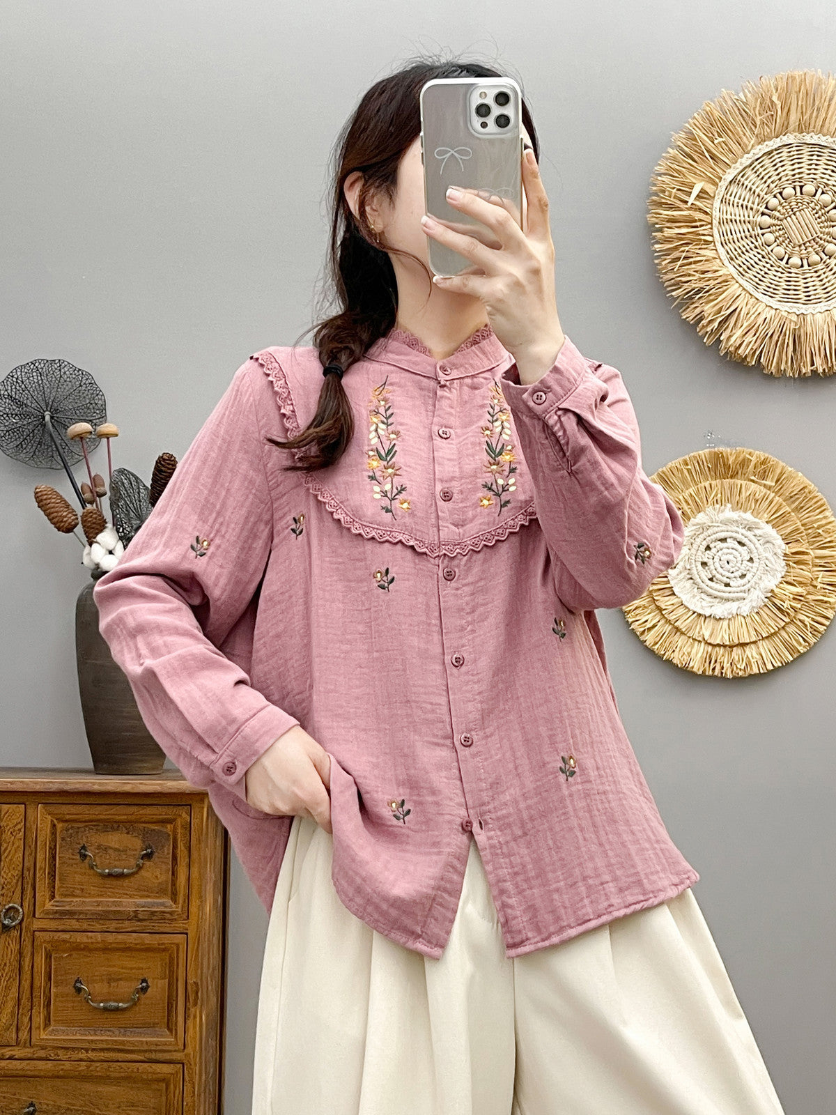 2830 Collar Embroidered Lace Cotton Yarn Long Sleeve Shirt